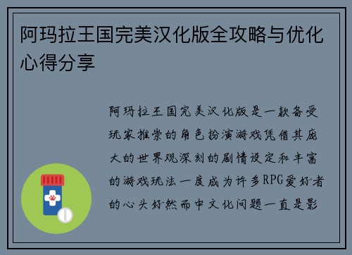 阿玛拉王国完美汉化版全攻略与优化心得分享